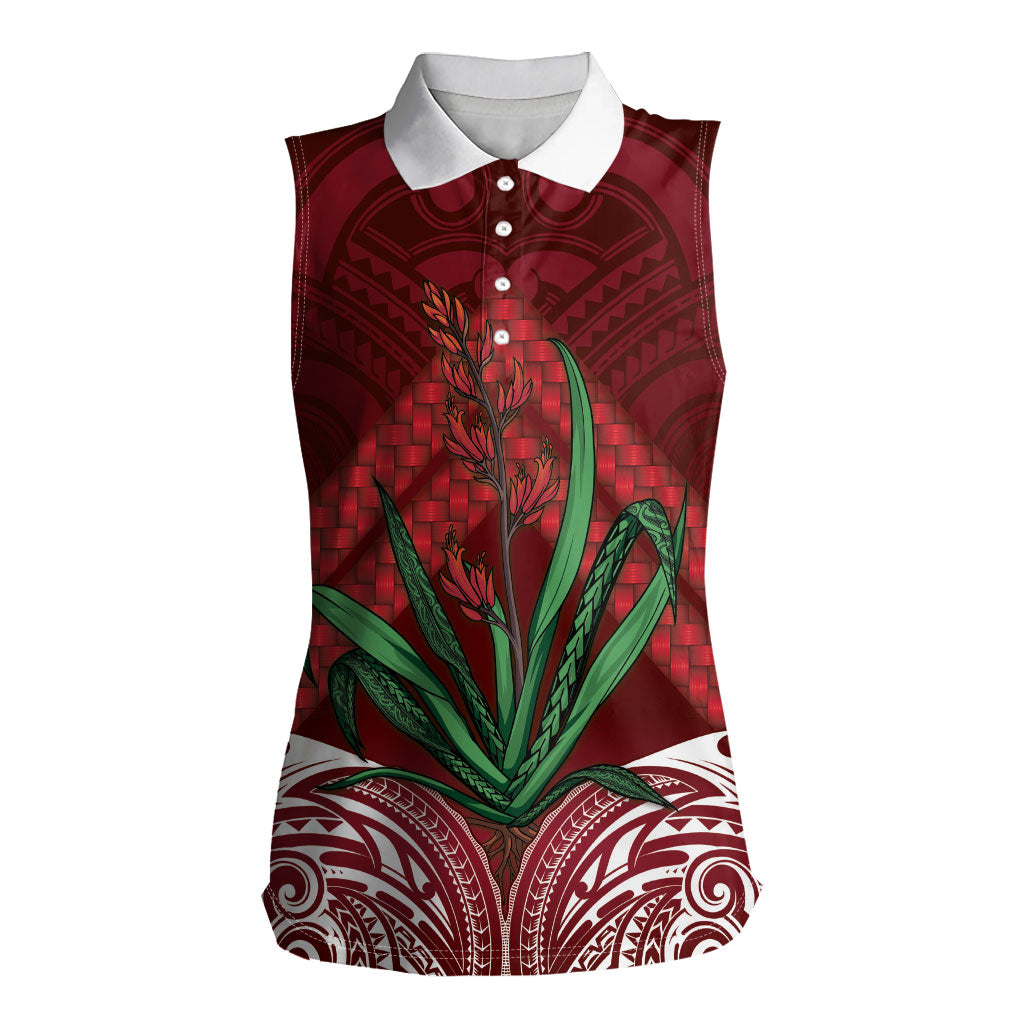 Rongoa Maori New Zealand Harakeke Women Sleeveless Polo Shirt NZ Weaving Pattern Red