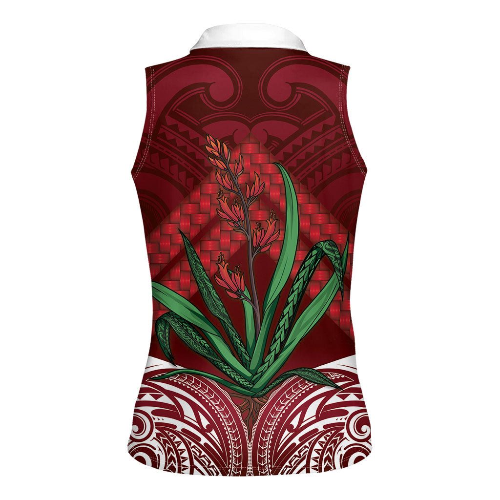 Rongoa Maori New Zealand Harakeke Women Sleeveless Polo Shirt NZ Weaving Pattern Red