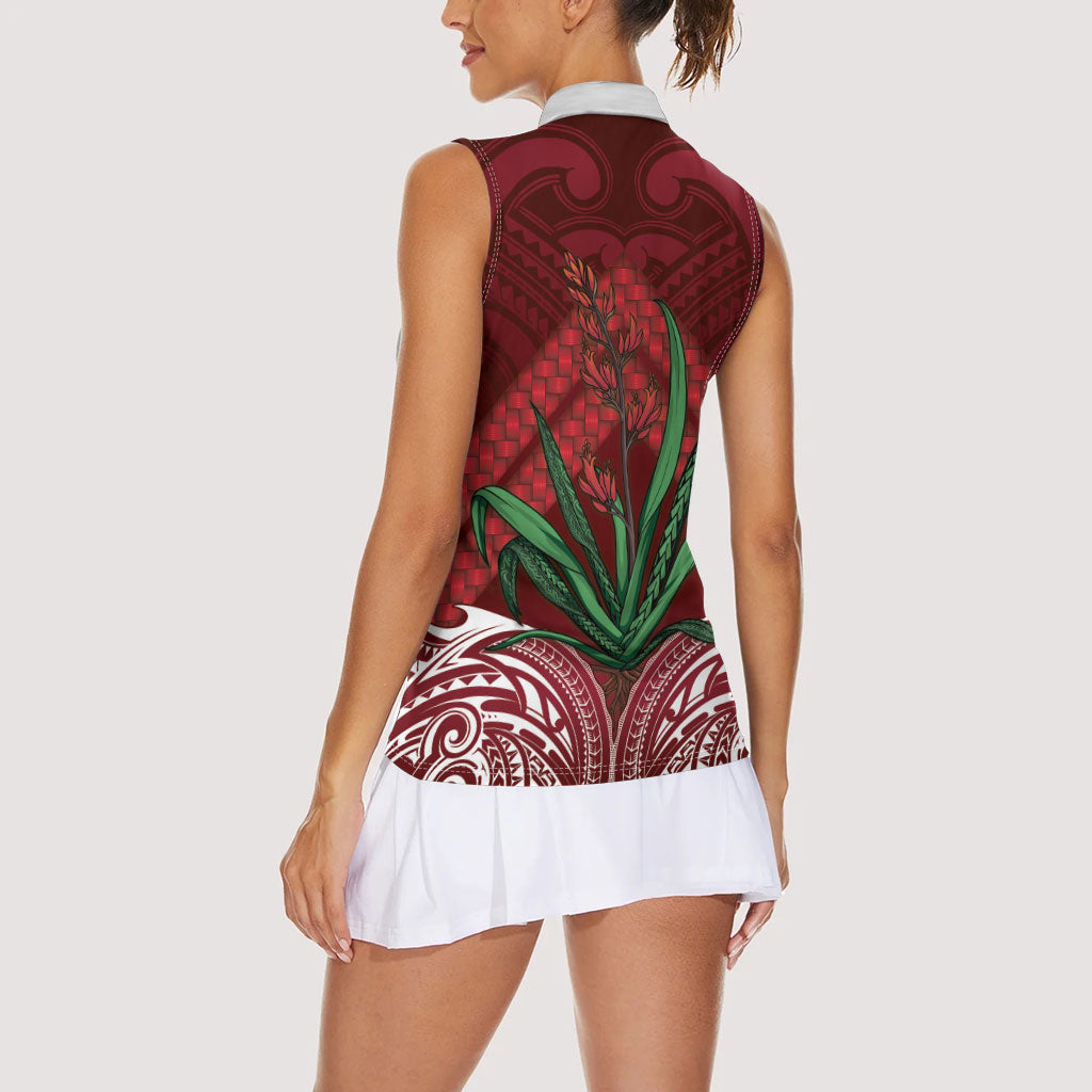 Rongoa Maori New Zealand Harakeke Women Sleeveless Polo Shirt NZ Weaving Pattern Red