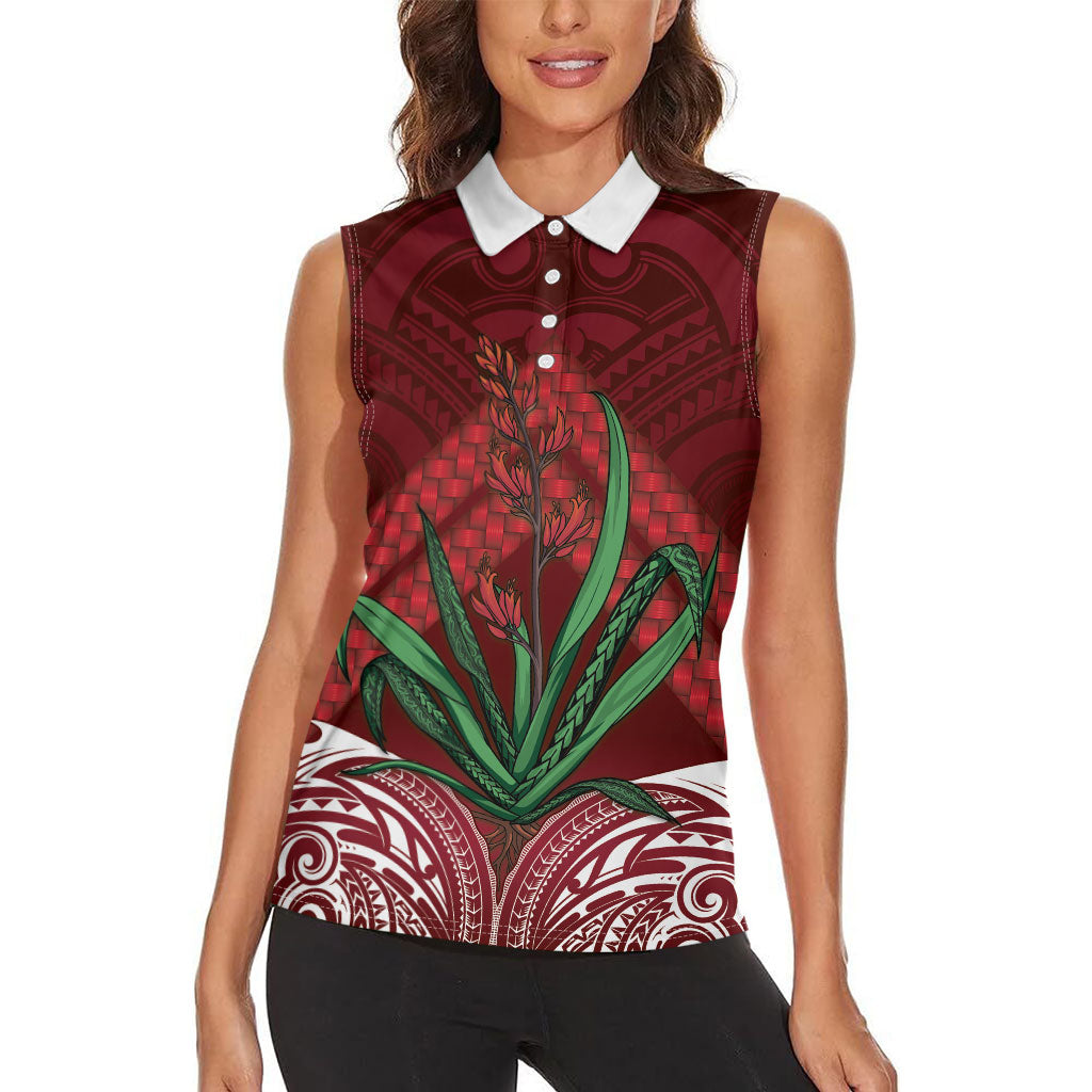 Rongoa Maori New Zealand Harakeke Women Sleeveless Polo Shirt NZ Weaving Pattern Red