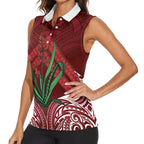 Rongoa Maori New Zealand Harakeke Women Sleeveless Polo Shirt NZ Weaving Pattern Red