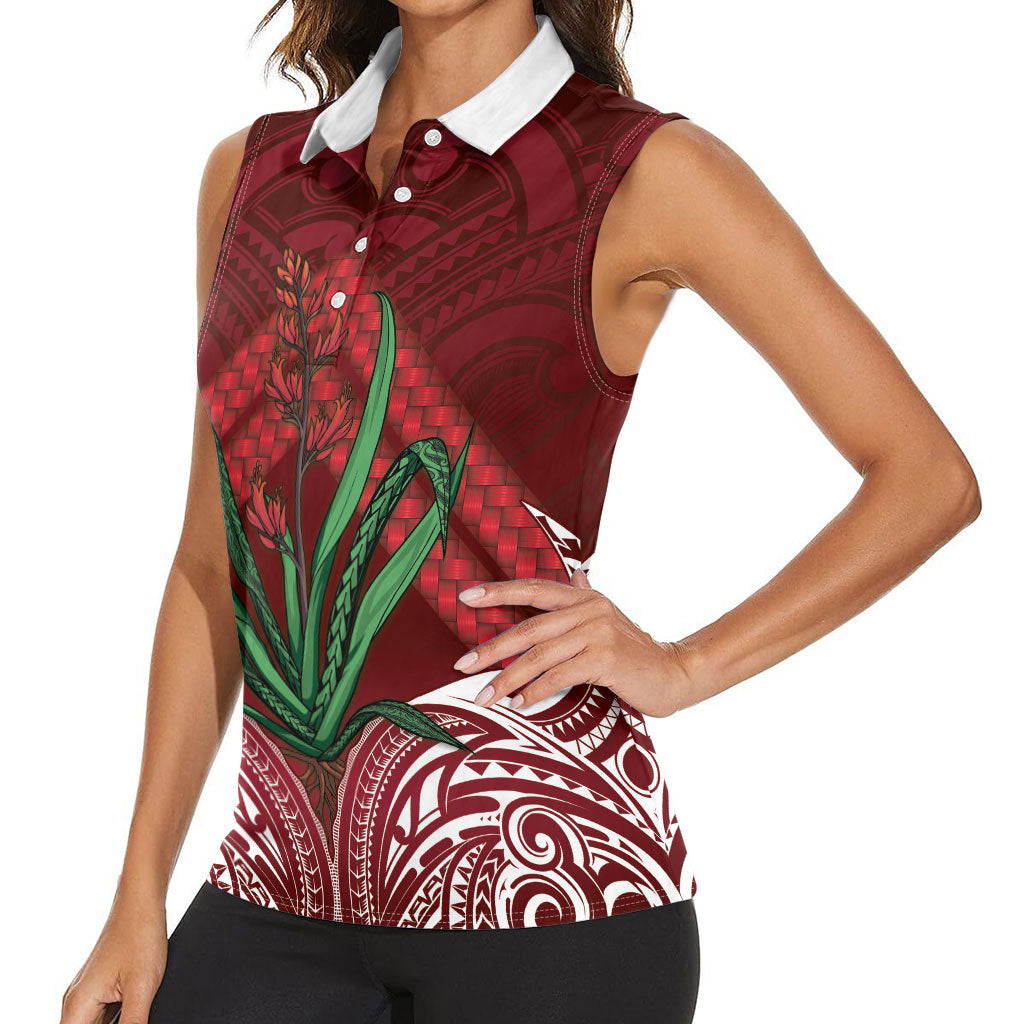 Rongoa Maori New Zealand Harakeke Women Sleeveless Polo Shirt NZ Weaving Pattern Red