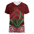 Rongoa Maori New Zealand Harakeke Women V-Neck T-Shirt NZ Weaving Pattern Red
