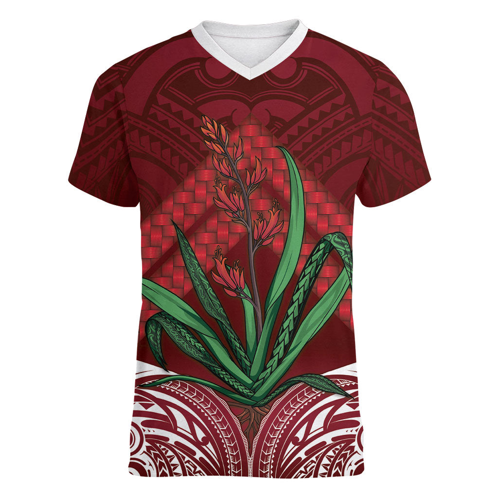 Rongoa Maori New Zealand Harakeke Women V-Neck T-Shirt NZ Weaving Pattern Red