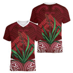 Rongoa Maori New Zealand Harakeke Women V-Neck T-Shirt NZ Weaving Pattern Red