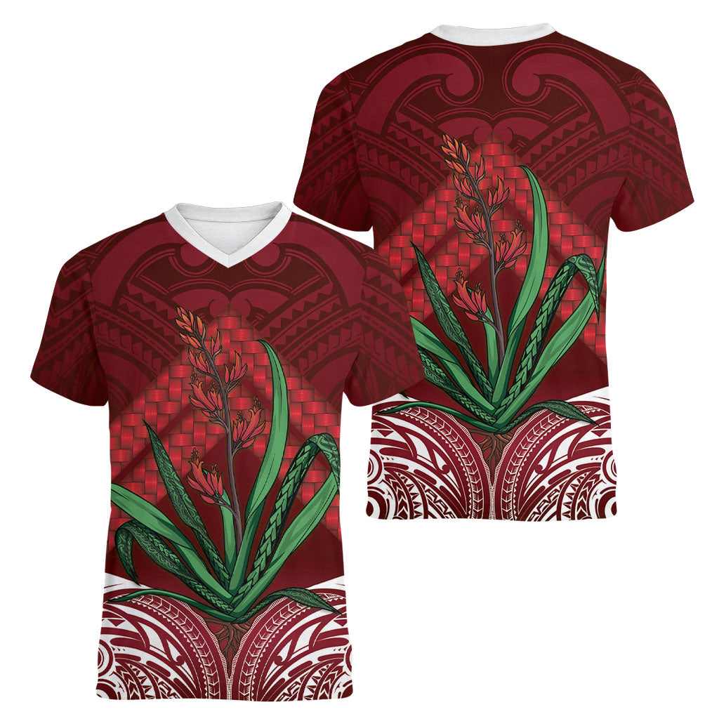 Rongoa Maori New Zealand Harakeke Women V-Neck T-Shirt NZ Weaving Pattern Red