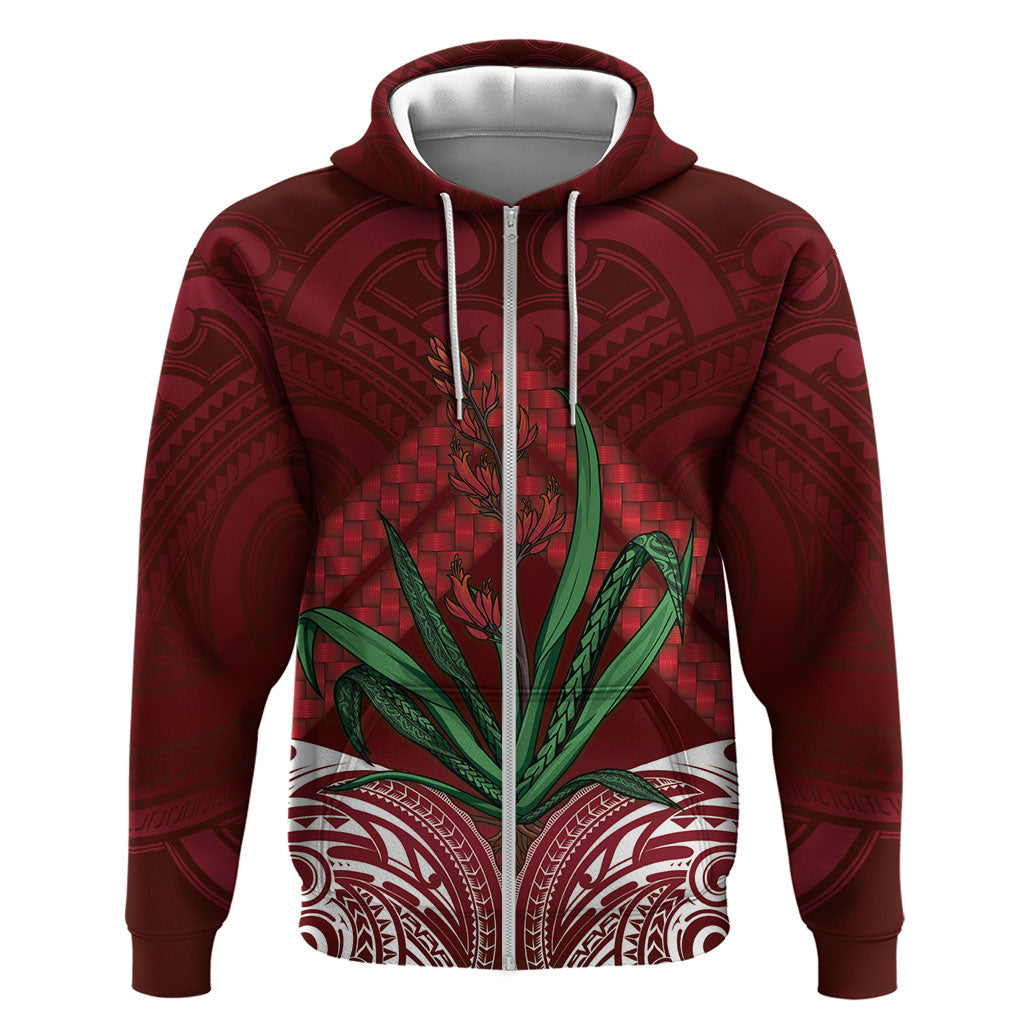 Rongoa Maori New Zealand Harakeke Zip Hoodie NZ Weaving Pattern Red