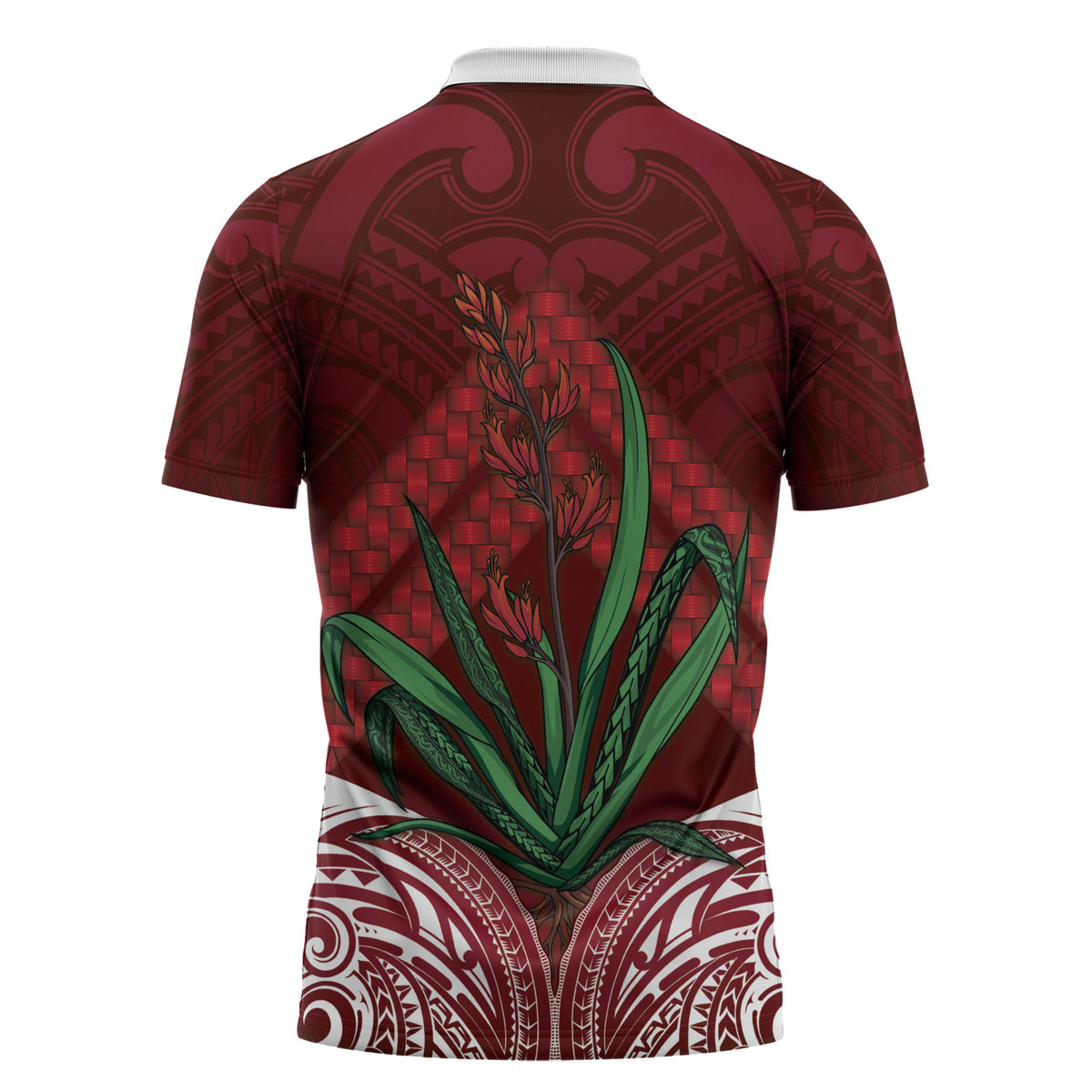 Rongoa Maori New Zealand Harakeke Zipper Polo Shirt NZ Weaving Pattern Red