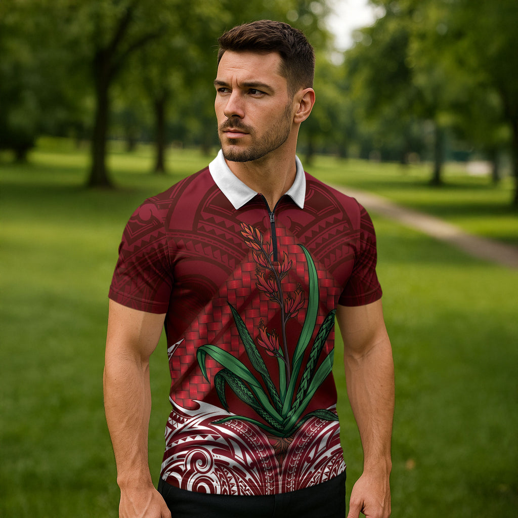 Rongoa Maori New Zealand Harakeke Zipper Polo Shirt NZ Weaving Pattern Red