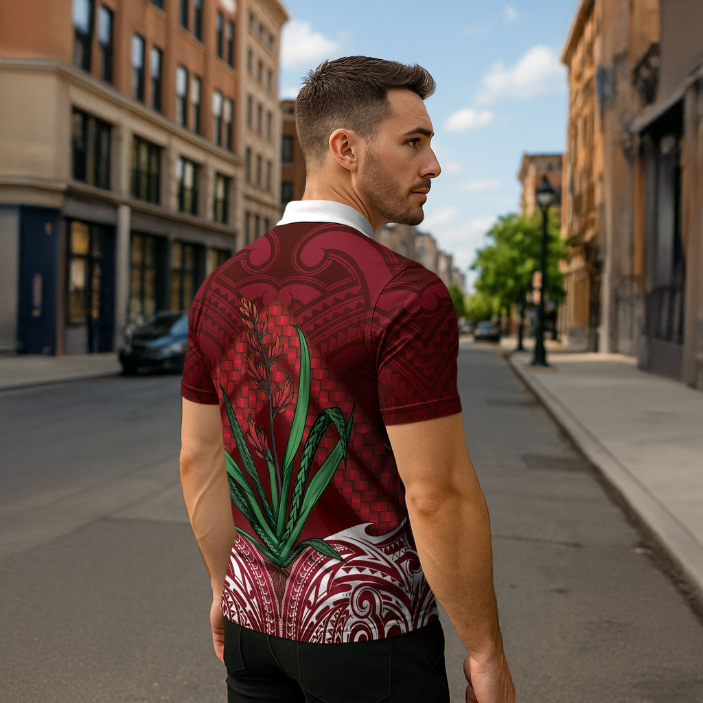Rongoa Maori New Zealand Harakeke Zipper Polo Shirt NZ Weaving Pattern Red