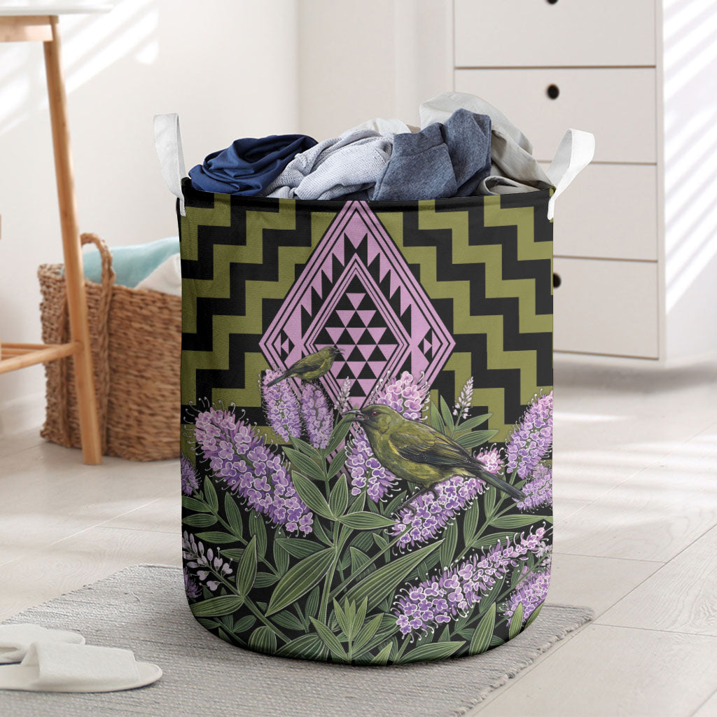 Rongoa Maori New Zealand Koromiko Laundry Basket NZ Hebe Korimako Bellbird Poutama