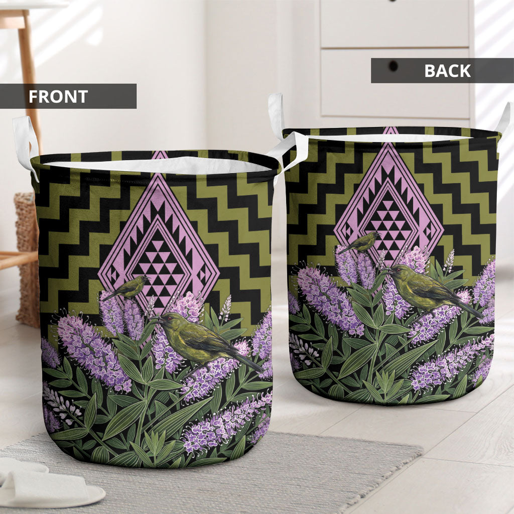 Rongoa Maori New Zealand Koromiko Laundry Basket NZ Hebe Korimako Bellbird Poutama