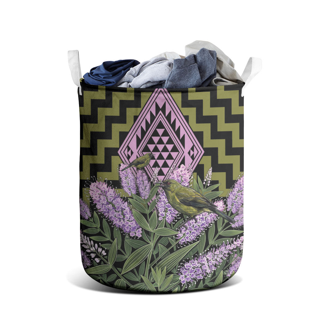 Rongoa Maori New Zealand Koromiko Laundry Basket NZ Hebe Korimako Bellbird Poutama