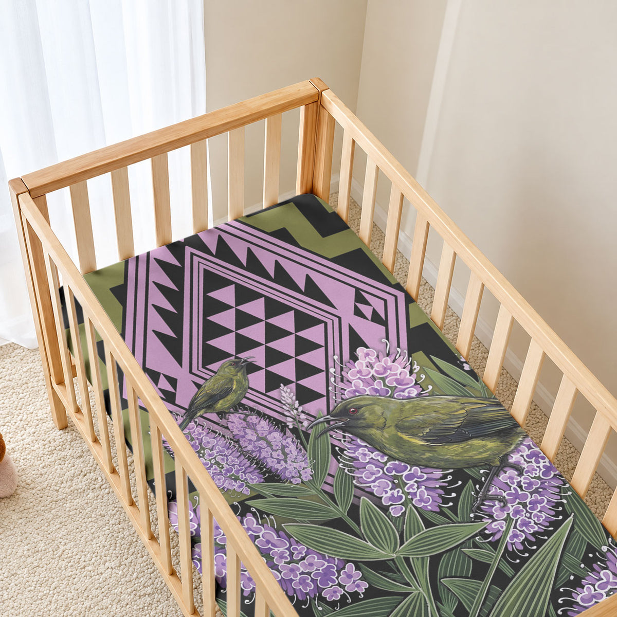 Rongoa Maori New Zealand Koromiko Baby Bed Cover NZ Hebe Korimako Bellbird Poutama