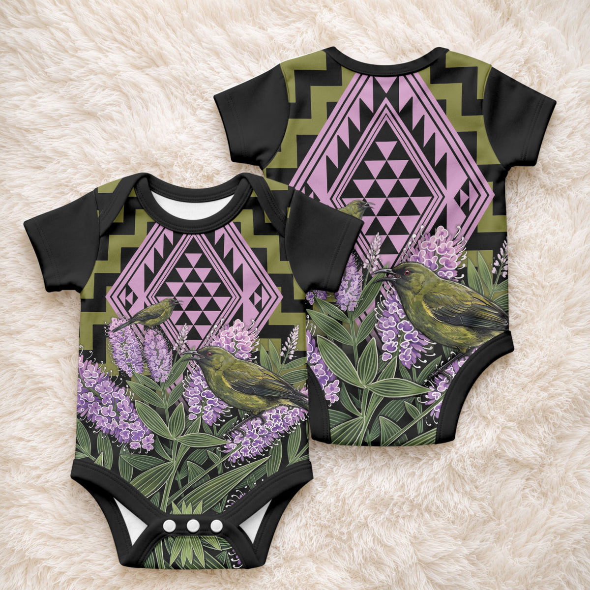 Rongoa Maori New Zealand Koromiko Baby Onesie NZ Hebe Korimako Bellbird Poutama