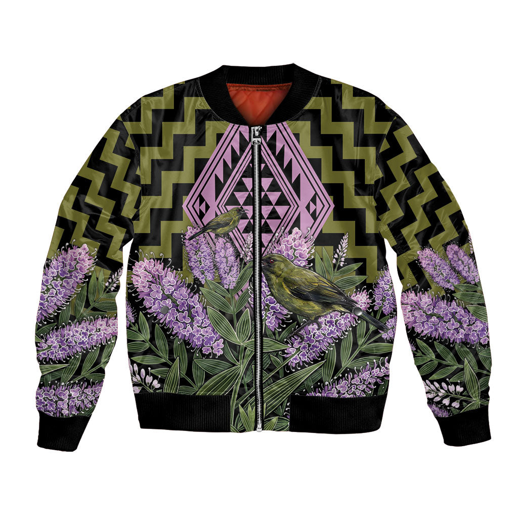 Rongoa Maori New Zealand Koromiko Bomber Jacket NZ Hebe Korimako Bellbird Poutama