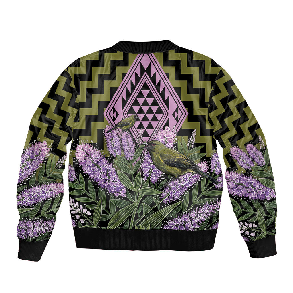 Rongoa Maori New Zealand Koromiko Bomber Jacket NZ Hebe Korimako Bellbird Poutama