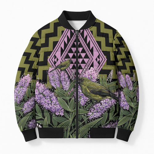 Rongoa Maori New Zealand Koromiko Bomber Puffer Jacket NZ Hebe Korimako Bellbird Poutama