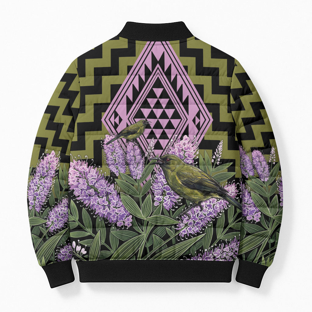 Rongoa Maori New Zealand Koromiko Bomber Puffer Jacket NZ Hebe Korimako Bellbird Poutama