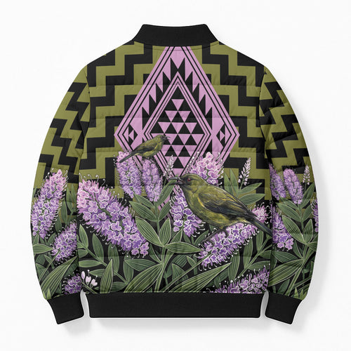 Rongoa Maori New Zealand Koromiko Bomber Puffer Jacket NZ Hebe Korimako Bellbird Poutama