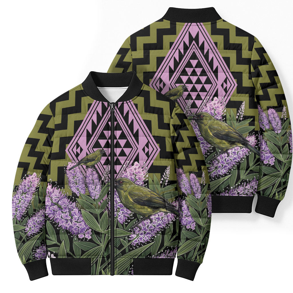 Rongoa Maori New Zealand Koromiko Bomber Puffer Jacket NZ Hebe Korimako Bellbird Poutama