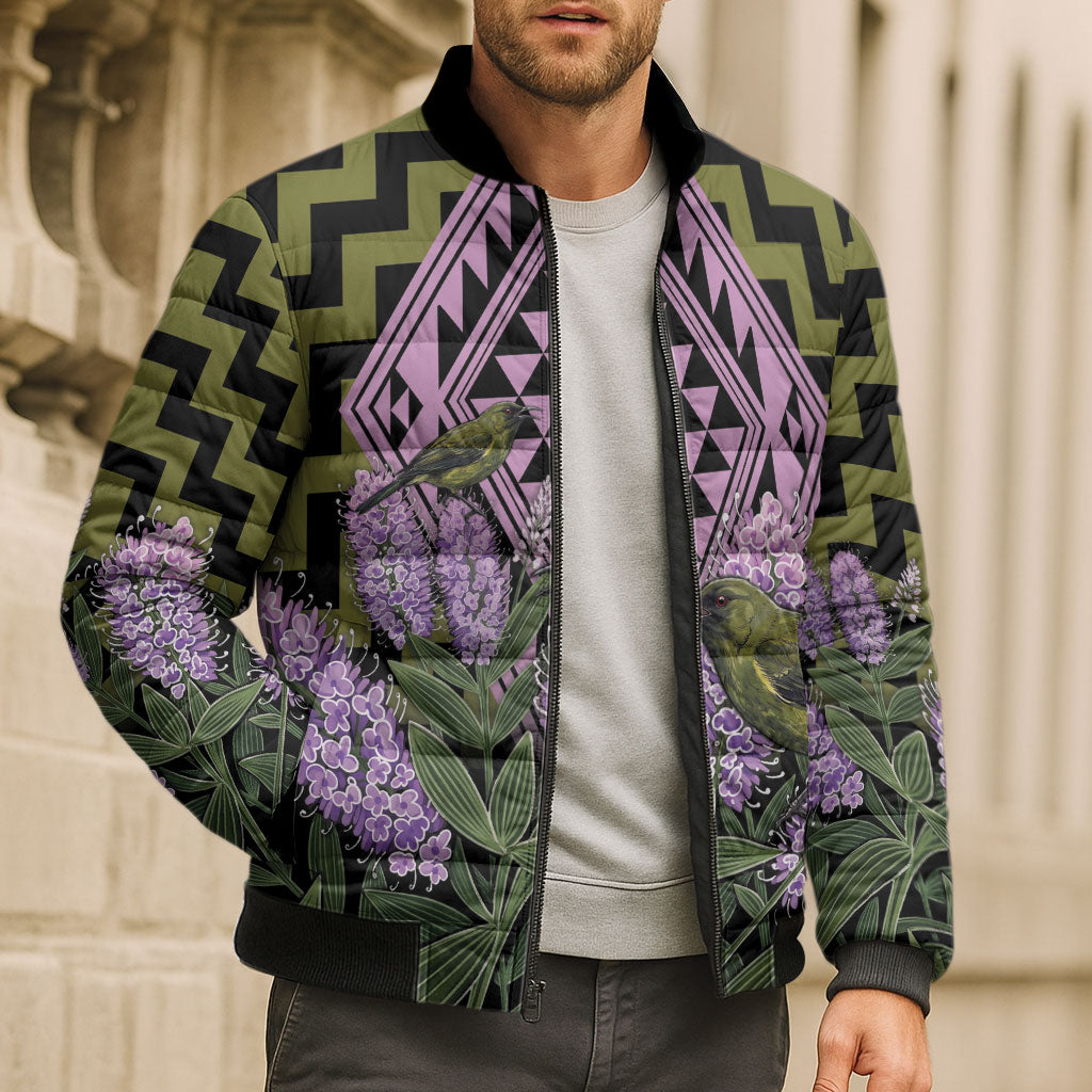 Rongoa Maori New Zealand Koromiko Bomber Puffer Jacket NZ Hebe Korimako Bellbird Poutama