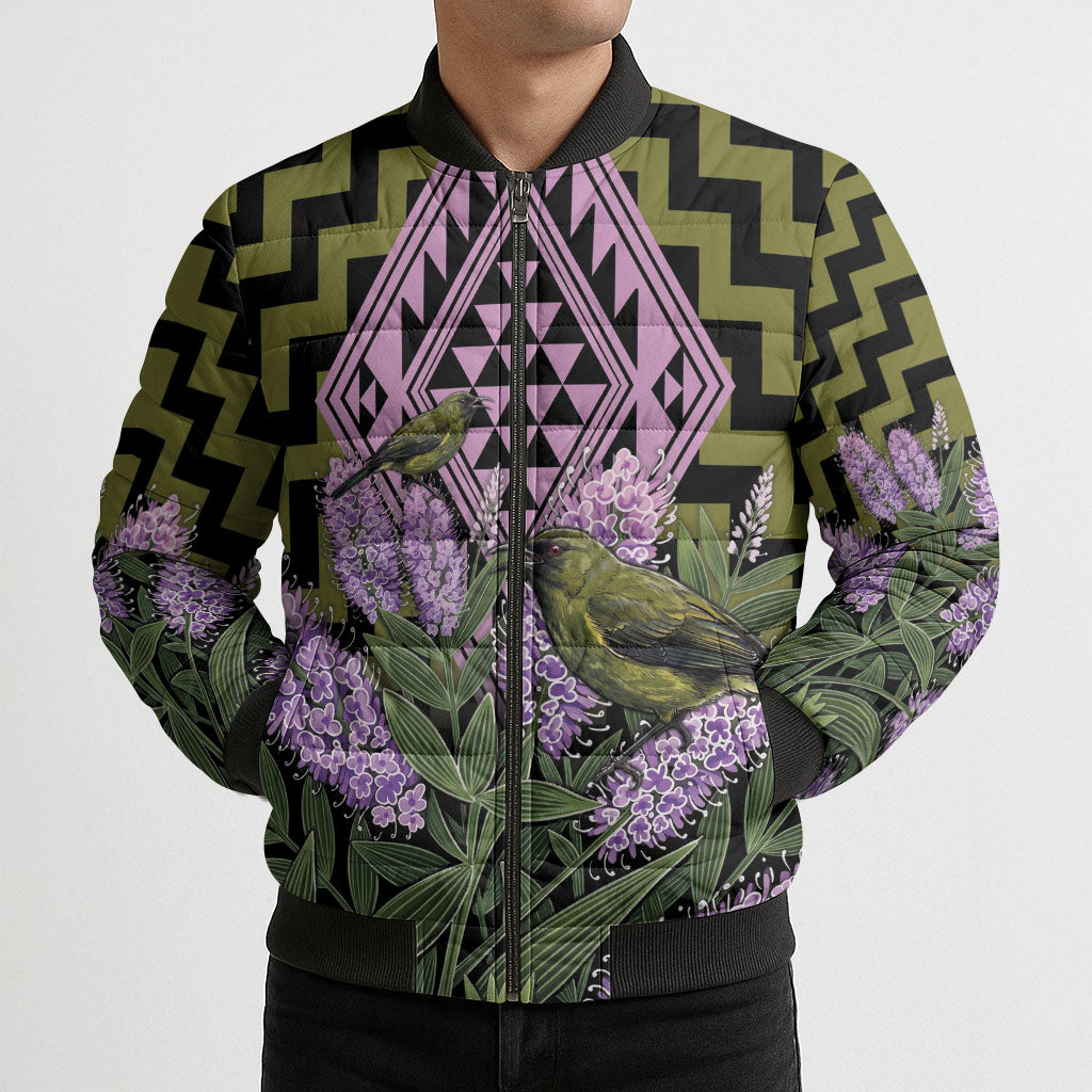 Rongoa Maori New Zealand Koromiko Bomber Puffer Jacket NZ Hebe Korimako Bellbird Poutama