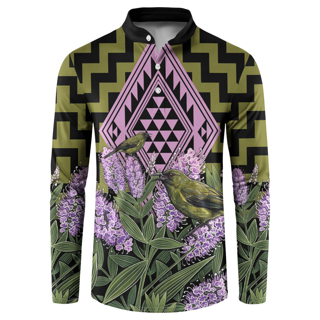 Rongoa Maori New Zealand Koromiko Button Sweatshirt NZ Hebe Korimako Bellbird Poutama
