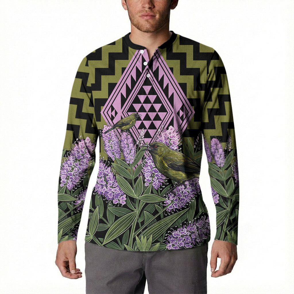 Rongoa Maori New Zealand Koromiko Button Sweatshirt NZ Hebe Korimako Bellbird Poutama