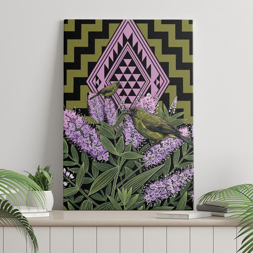 Rongoa Maori New Zealand Koromiko Canvas Wall Art NZ Hebe Korimako Bellbird Poutama