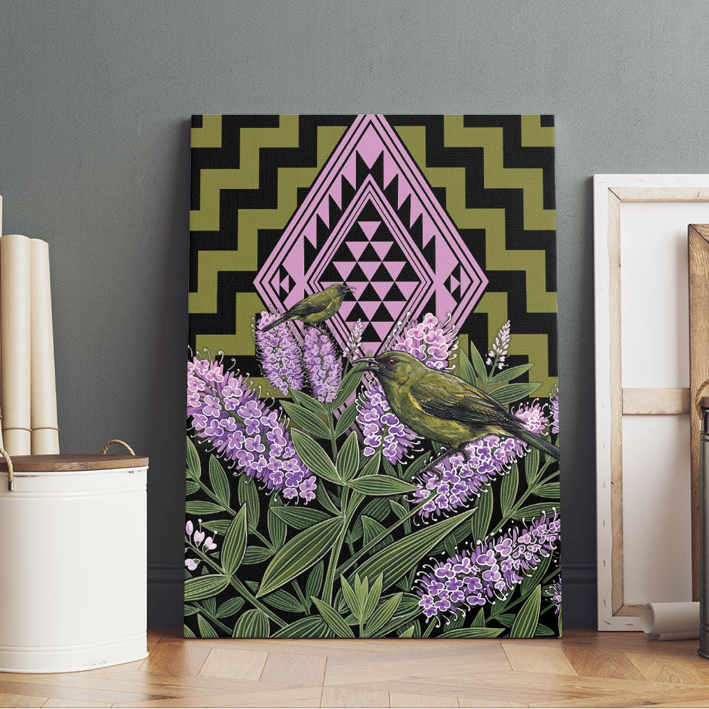 Rongoa Maori New Zealand Koromiko Canvas Wall Art NZ Hebe Korimako Bellbird Poutama