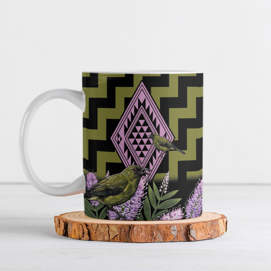 Rongoa Maori New Zealand Koromiko Ceramic Mug NZ Hebe Korimako Bellbird Poutama
