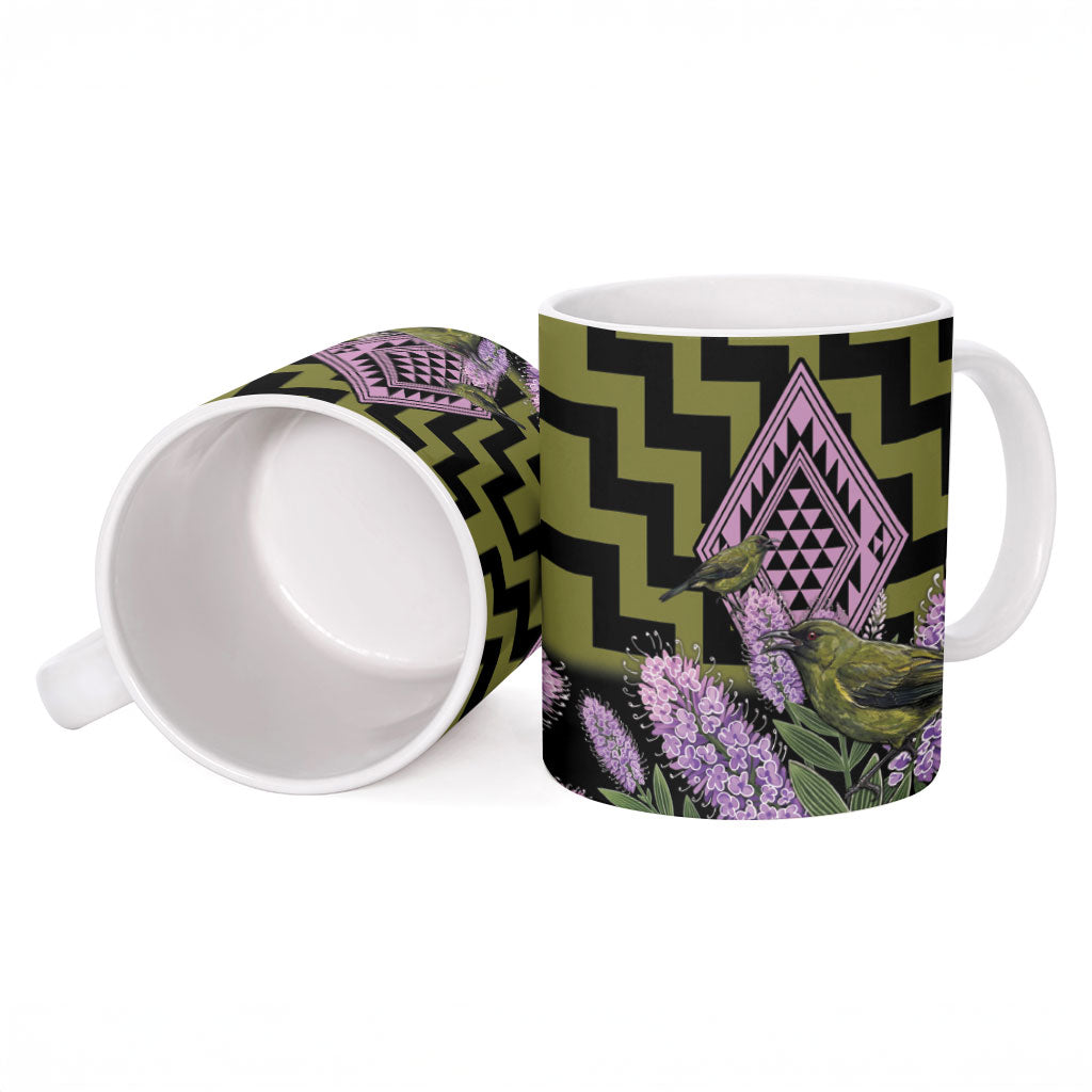 Rongoa Maori New Zealand Koromiko Ceramic Mug NZ Hebe Korimako Bellbird Poutama