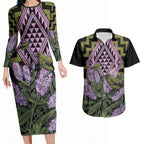 Rongoa Maori New Zealand Koromiko Couples Matching Long Sleeve Bodycon Dress and Hawaiian Shirt NZ Hebe Korimako Bellbird Poutama