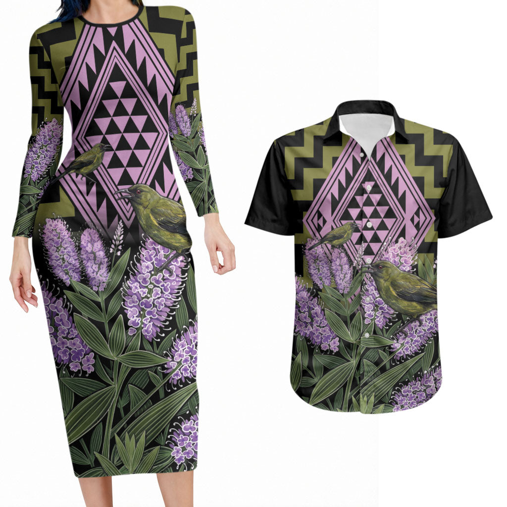 Rongoa Maori New Zealand Koromiko Couples Matching Long Sleeve Bodycon Dress and Hawaiian Shirt NZ Hebe Korimako Bellbird Poutama
