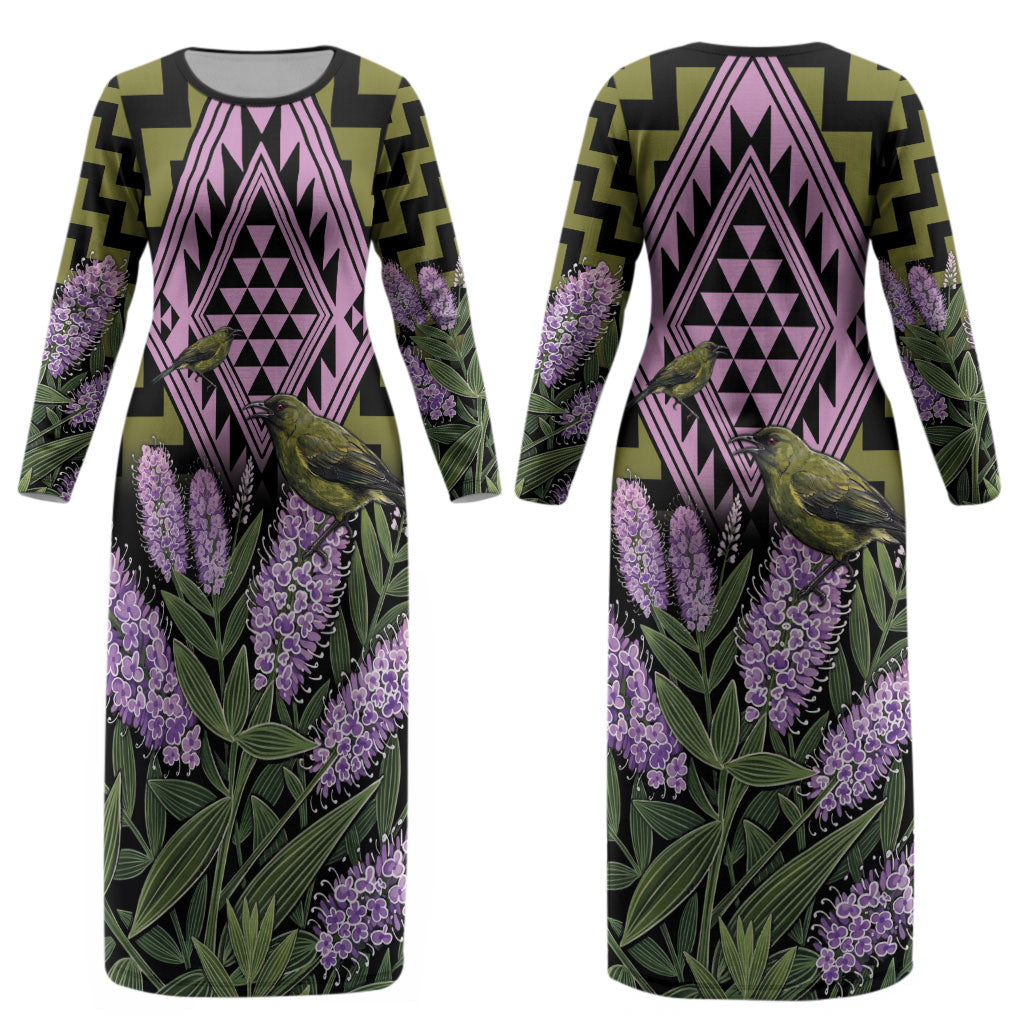 Rongoa Maori New Zealand Koromiko Couples Matching Long Sleeve Bodycon Dress and Hawaiian Shirt NZ Hebe Korimako Bellbird Poutama