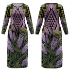 Rongoa Maori New Zealand Koromiko Couples Matching Long Sleeve Bodycon Dress and Hawaiian Shirt NZ Hebe Korimako Bellbird Poutama
