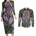 Rongoa Maori New Zealand Koromiko Couples Matching Long Sleeve Bodycon Dress and Long Sleeve Button Shirt NZ Hebe Korimako Bellbird Poutama