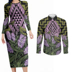Rongoa Maori New Zealand Koromiko Couples Matching Long Sleeve Bodycon Dress and Long Sleeve Button Shirt NZ Hebe Korimako Bellbird Poutama