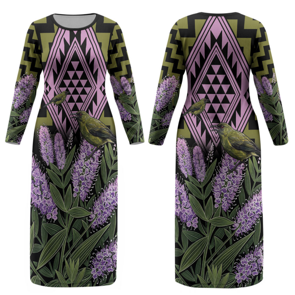 Rongoa Maori New Zealand Koromiko Couples Matching Long Sleeve Bodycon Dress and Long Sleeve Button Shirt NZ Hebe Korimako Bellbird Poutama