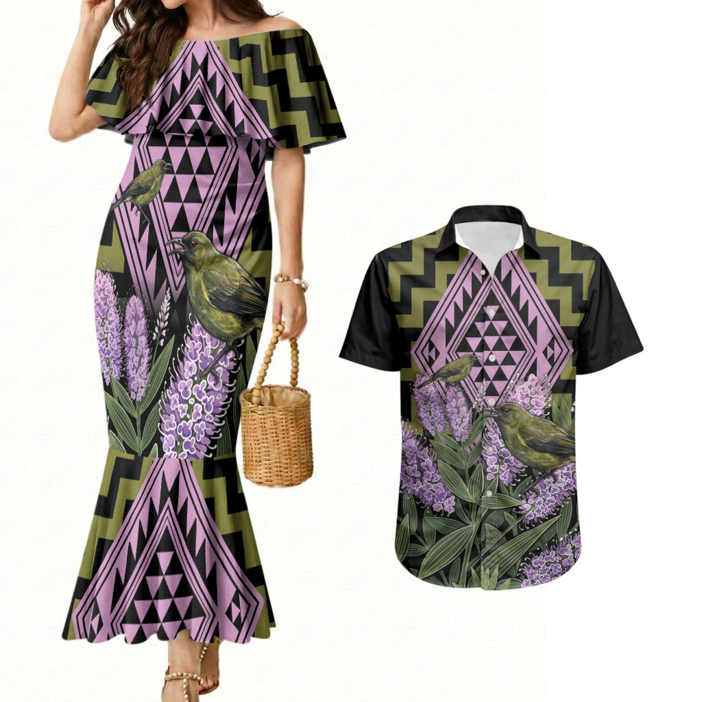 Rongoa Maori New Zealand Koromiko Couples Matching Mermaid Dress and Hawaiian Shirt NZ Hebe Korimako Bellbird Poutama