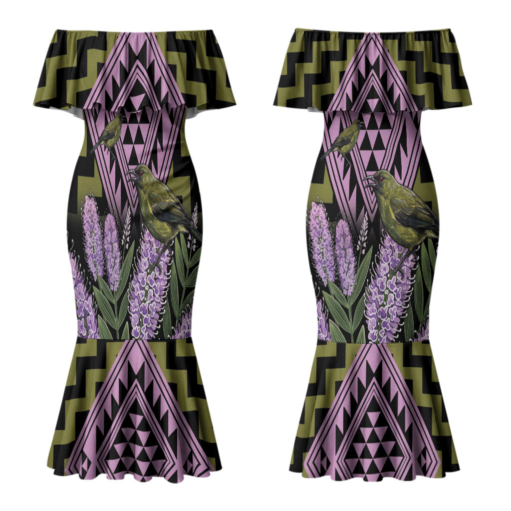 Rongoa Maori New Zealand Koromiko Couples Matching Mermaid Dress and Hawaiian Shirt NZ Hebe Korimako Bellbird Poutama
