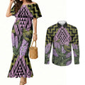 Rongoa Maori New Zealand Koromiko Couples Matching Mermaid Dress and Long Sleeve Button Shirt NZ Hebe Korimako Bellbird Poutama