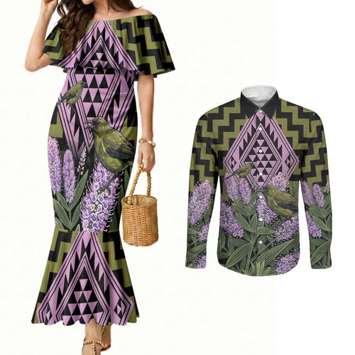 Rongoa Maori New Zealand Koromiko Couples Matching Mermaid Dress and Long Sleeve Button Shirt NZ Hebe Korimako Bellbird Poutama