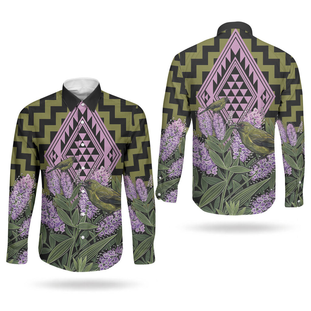 Rongoa Maori New Zealand Koromiko Couples Matching Mermaid Dress and Long Sleeve Button Shirt NZ Hebe Korimako Bellbird Poutama