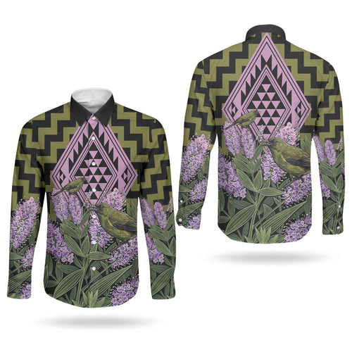 Rongoa Maori New Zealand Koromiko Couples Matching Mermaid Dress and Long Sleeve Button Shirt NZ Hebe Korimako Bellbird Poutama