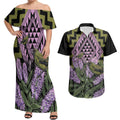 Rongoa Maori New Zealand Koromiko Couples Matching Off Shoulder Maxi Dress and Hawaiian Shirt NZ Hebe Korimako Bellbird Poutama