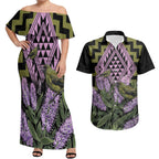 Rongoa Maori New Zealand Koromiko Couples Matching Off Shoulder Maxi Dress and Hawaiian Shirt NZ Hebe Korimako Bellbird Poutama