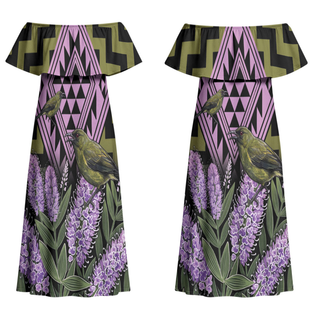 Rongoa Maori New Zealand Koromiko Couples Matching Off Shoulder Maxi Dress and Hawaiian Shirt NZ Hebe Korimako Bellbird Poutama