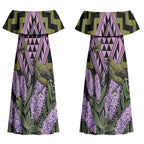 Rongoa Maori New Zealand Koromiko Couples Matching Off Shoulder Maxi Dress and Hawaiian Shirt NZ Hebe Korimako Bellbird Poutama